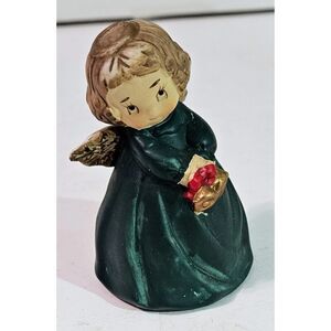 Vintage Ceramic Christmas Angel Bell Ornament Green Dress Girl Angel